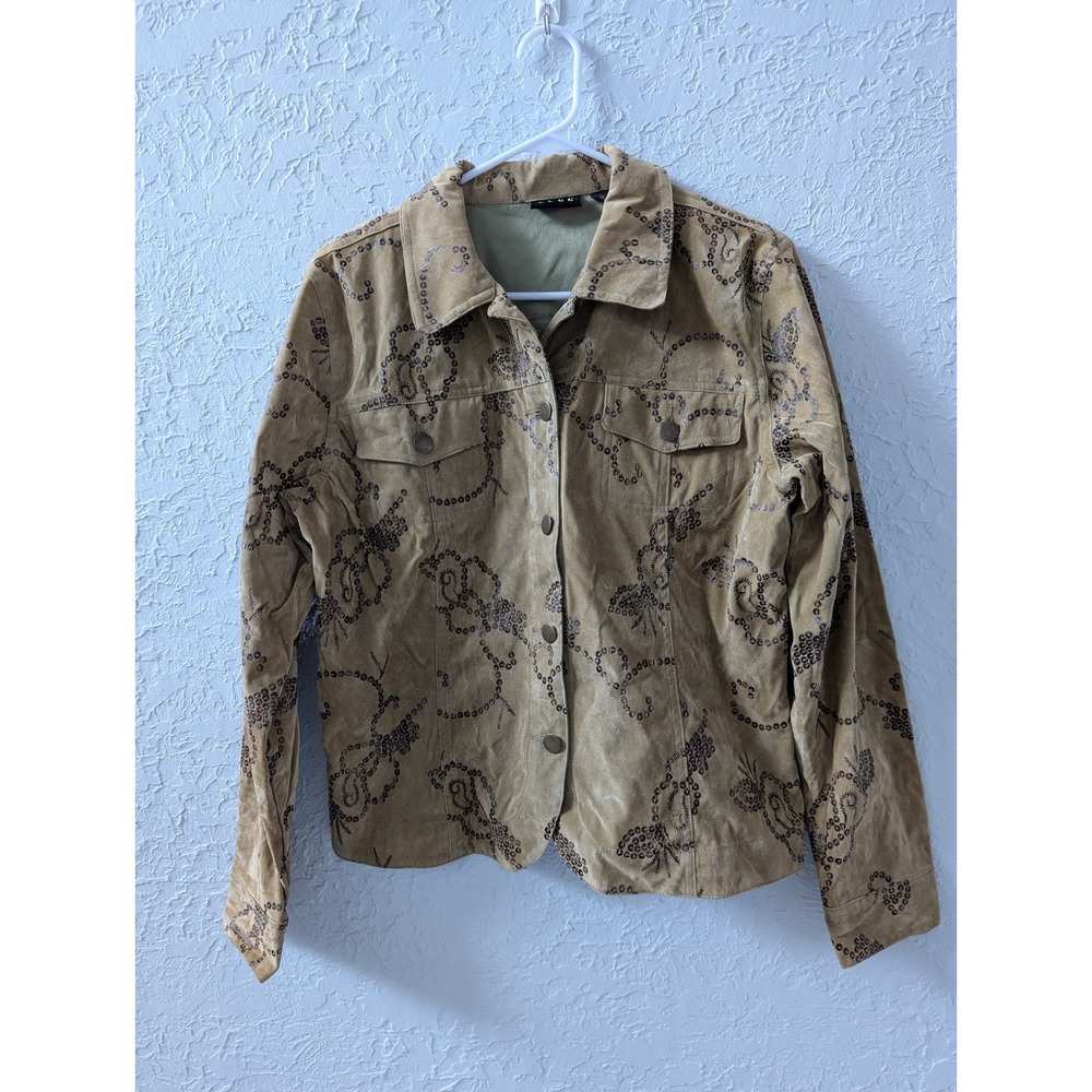 ELCC Jacket Women M Polyester Tan Sequin Embellished Faux Suede Button Front